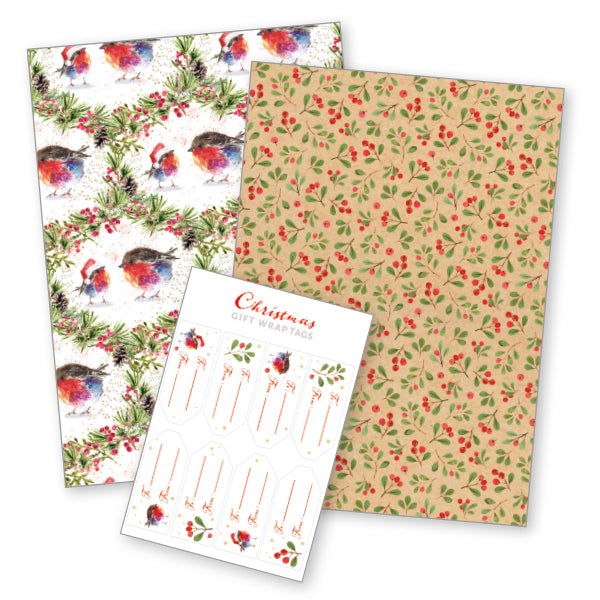 Fluffy Robin and Berries wrapping paper - eco packaged