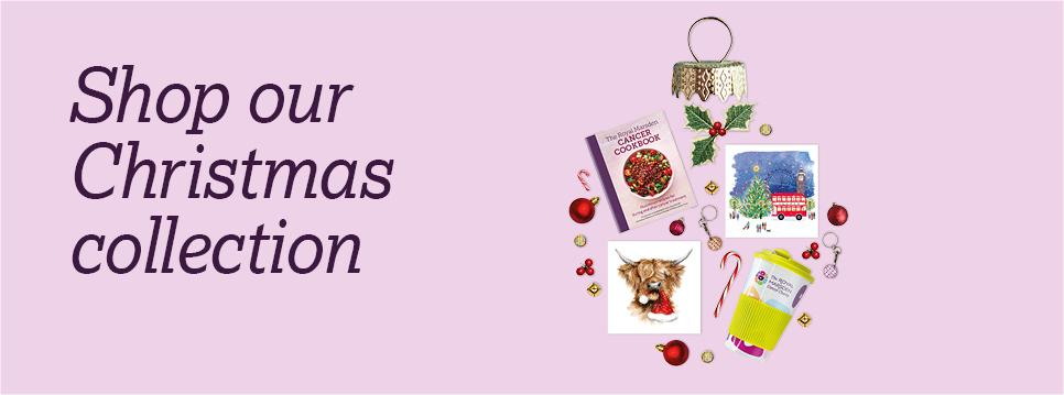 'Shop our Christmas Collection' banner with a christmas tree motif made out of christmas decorations, holly leaves and Christmas cards